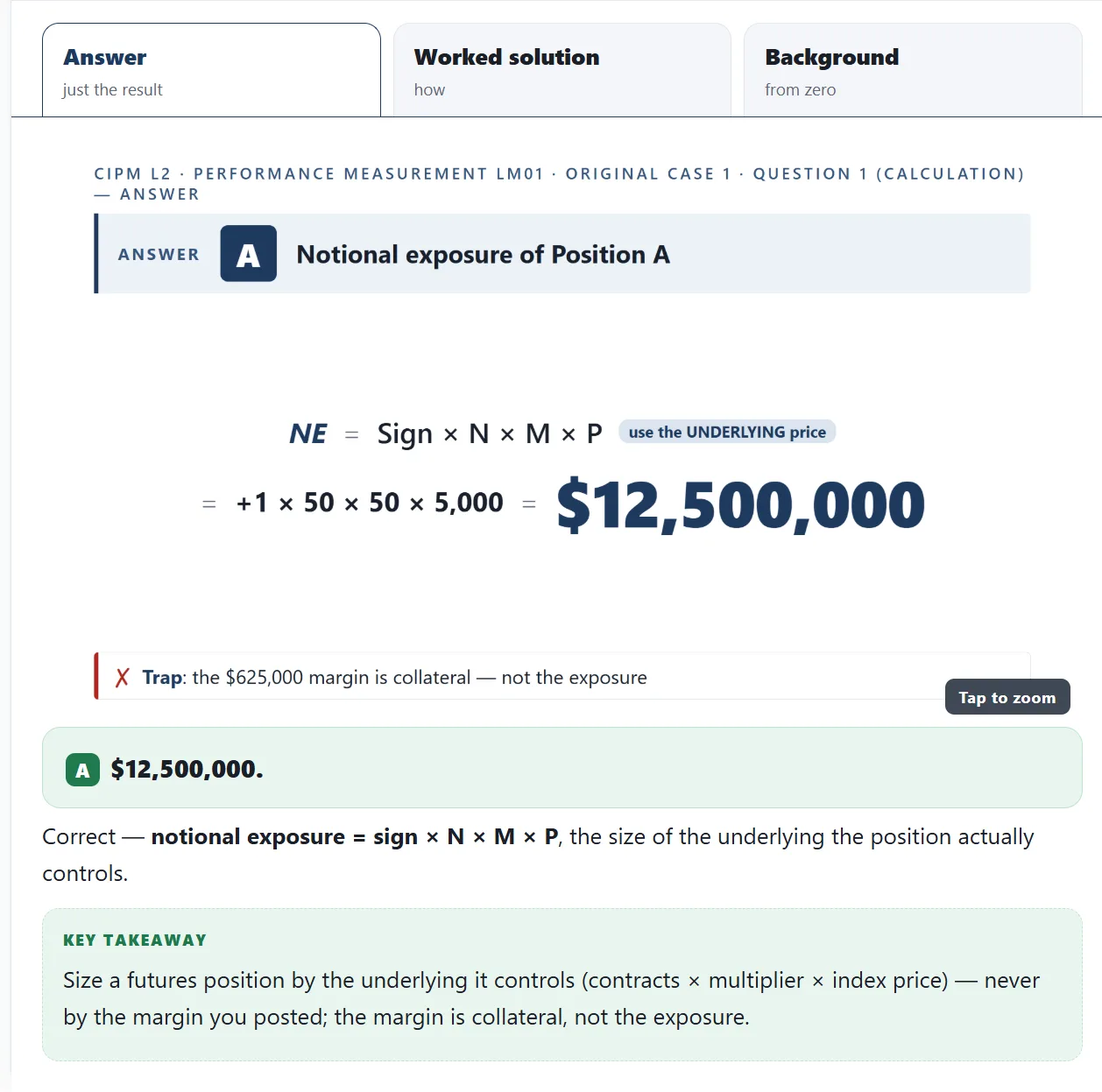 Screenshot of the Answer tab: the result, the formula, and the common trap shown on one screen